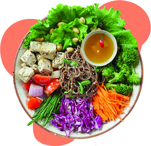 Soba noodles, tofu, fresh greens and vegetables in a Flaxitup bowl